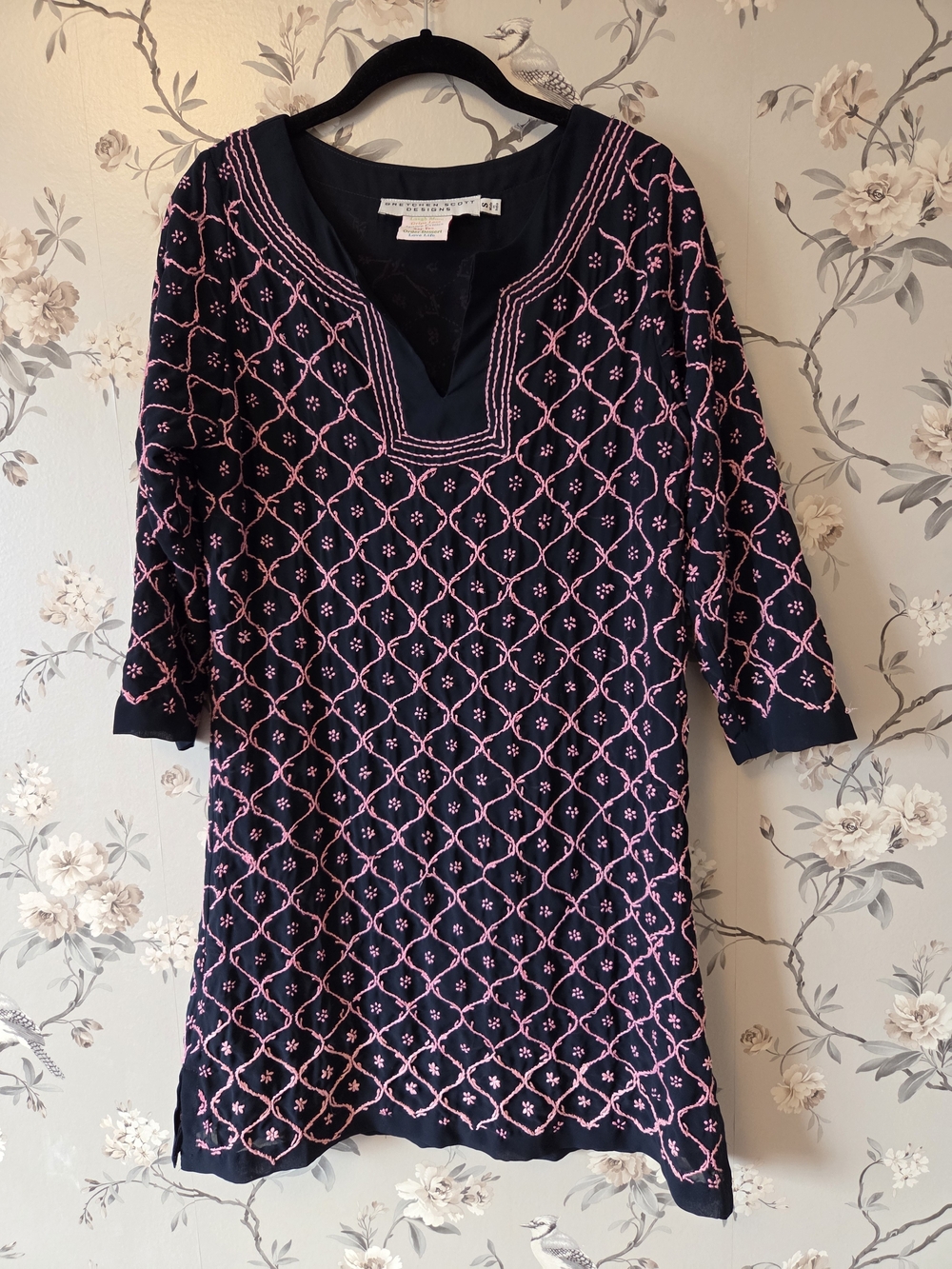 Gretchen Scott Designs Navy Tunic Dress with Pink Embroidery